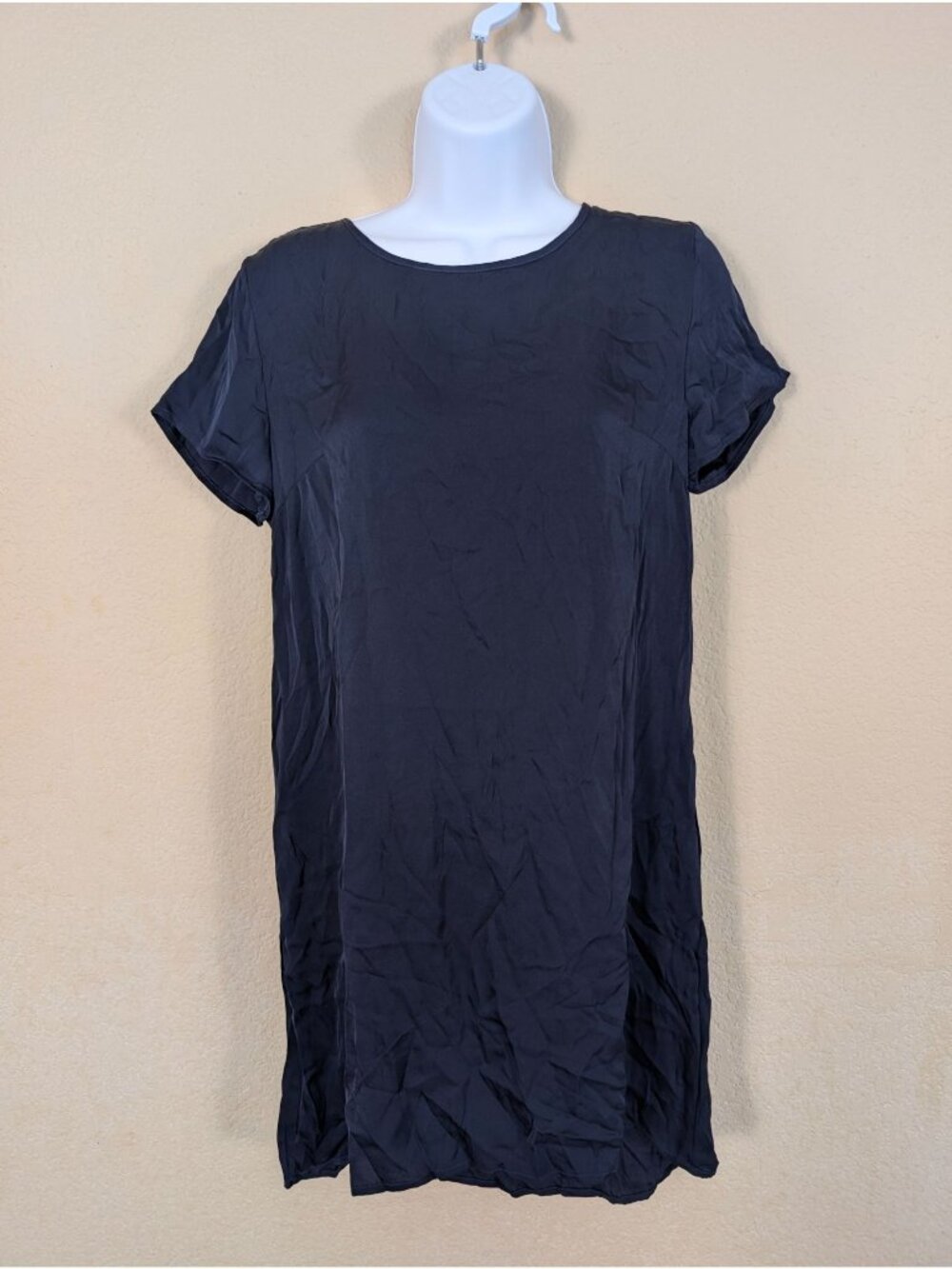 Quince Womans Washable Stretch Silk Shirt Dress Navy Blue size S High low